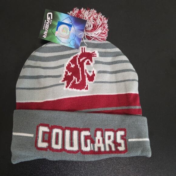 WSU Washington State Cougars Pom Beanie Crimson Gray Winter Hat - Picture 1 of 3